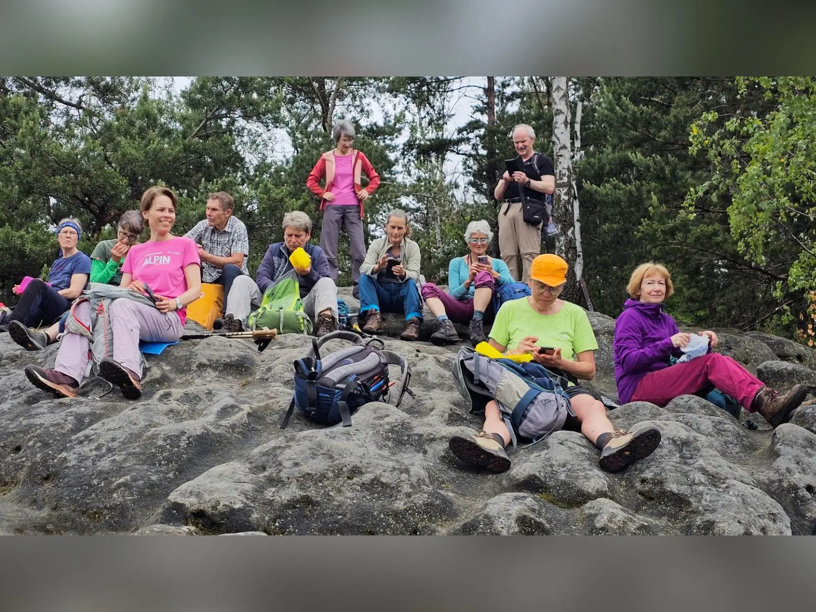 Mehrere Tourenteilnehmende sitzen mit Rucksäcken auf einer Sandsteinfläche während einer Pause. Dahinter stehen Kiefern und Birken am Rand des Aussichtsfelsens. | © DAV Markt Schwaben/Lutz Gründel