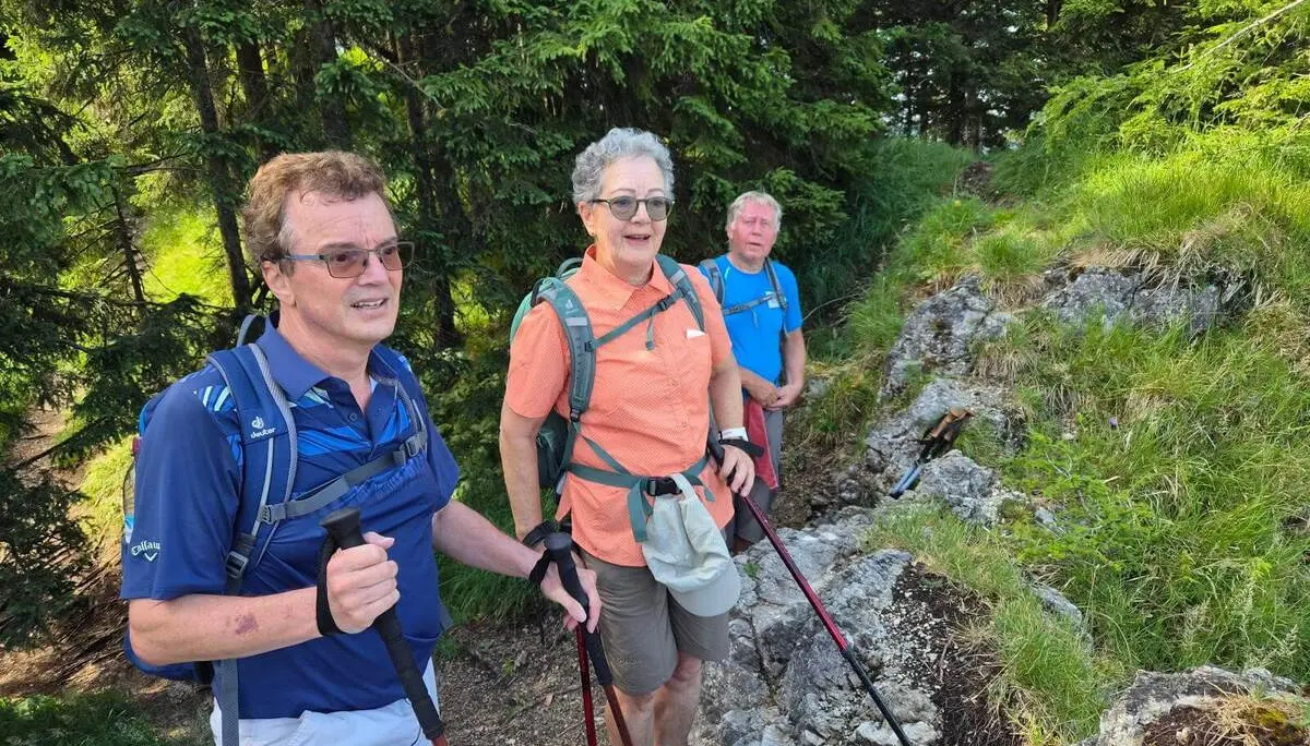 Drei Wandernde mit Rucksäcken und Trekkingstöcken stehen auf einem schmalen Bergpfad. Felsen, Gras und Nadelbäume säumen den Weg. | © DAV Markt Schwaben / Hubert Inhofer