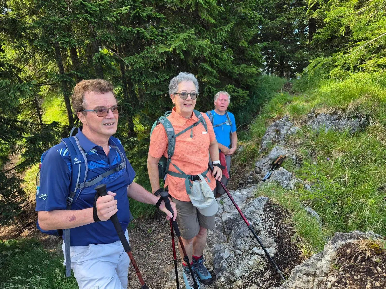 Drei Wandernde mit Rucksäcken und Trekkingstöcken stehen auf einem schmalen Bergpfad. Felsen, Gras und Nadelbäume säumen den Weg. | © DAV Markt Schwaben / Hubert Inhofer