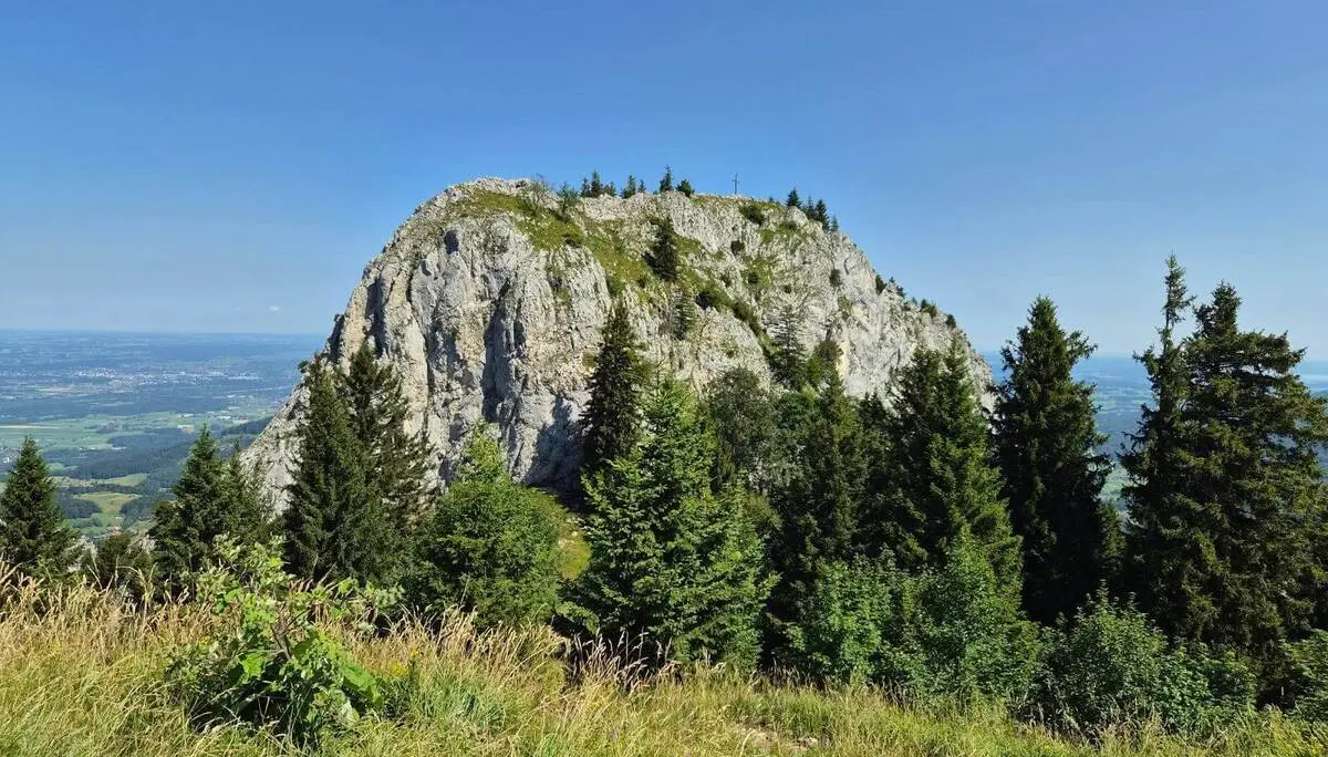 Markante helle Felswand erhebt sich über einer Bergwiese und dichtem Nadelwald. Auf dem Gipfelgrat ist ein kleines Kreuz erkennbar. | © DAV Markt Schwaben / Hubert Inhofer