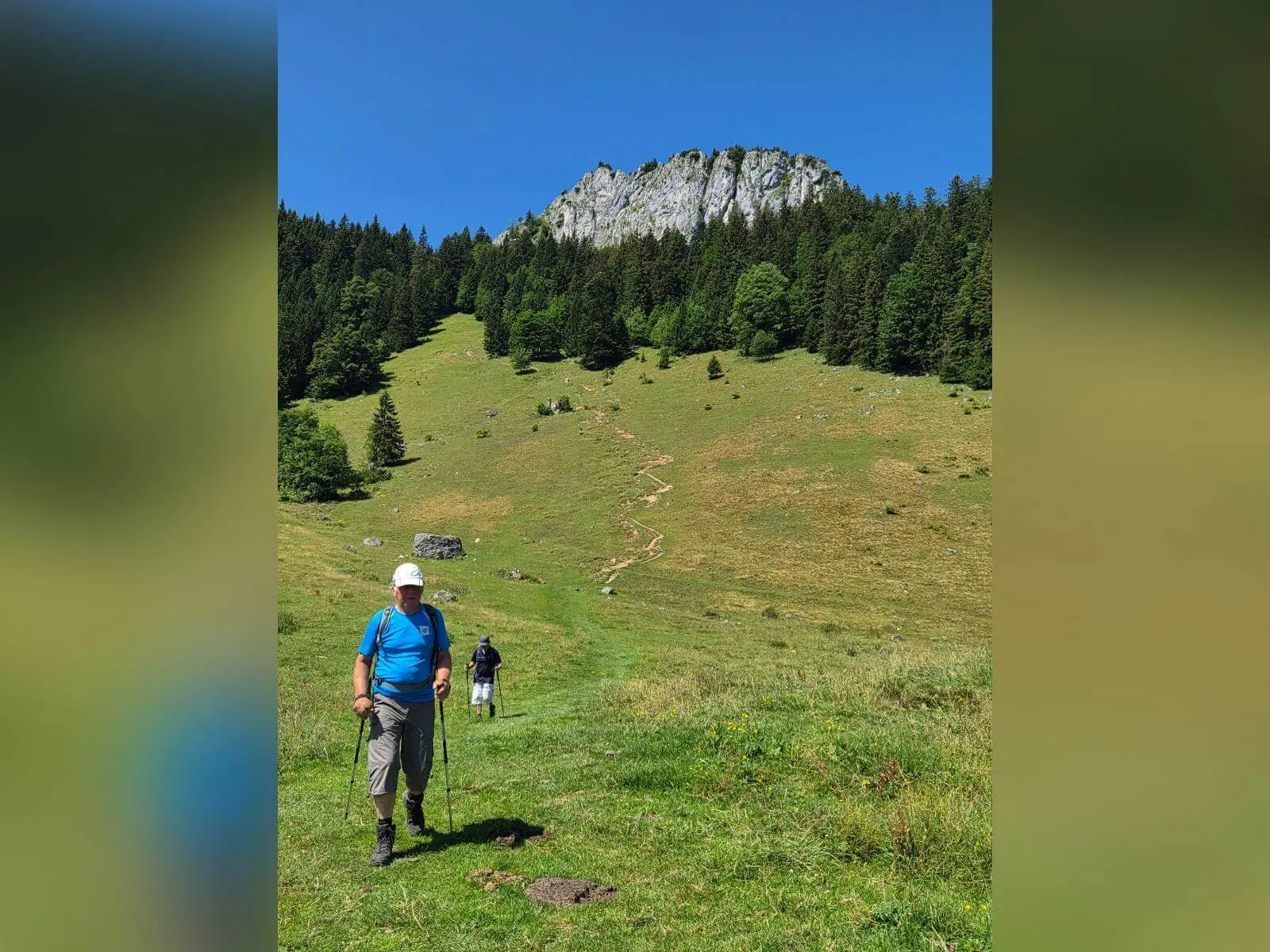 Zwei Wandernde mit Trekkingstöcken gehen über eine offene Bergwiese. Darüber erhebt sich eine markante Felswand am bewaldeten Berghang. | © DAV Markt Schwaben / Hubert Inhofer
