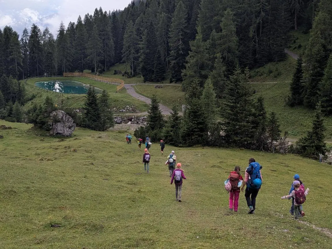 Eine Wandergruppe mit Kindern und Erwachsenen steigt über eine Almwiese talwärts. Im Hintergrund liegen ein kleiner Teich und dichter Nadelwald. | © DAV Markt Schwaben / Silke Titze