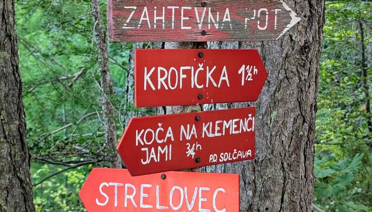 Rote Wegweiser an einem Baum nennen Ziele und Gehzeiten im Logartal. Die Schilder zeigen Richtungen zur Krofička und zur Berghütte. | © DAV Markt Schwaben/Michael Huber