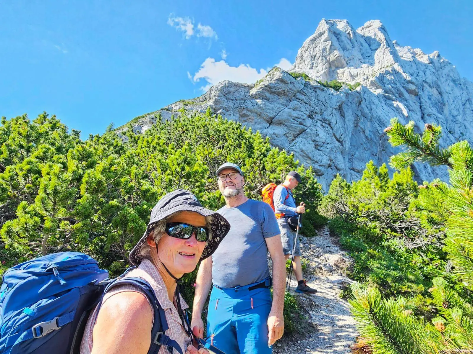 Drei Wandernde stehen auf einem schmalen Bergpfad zwischen Latschenkiefern. Über ihnen ragt eine helle, steile Felswand in den blauen Himmel. | © DAV Markt Schwaben/Lutz Gründel