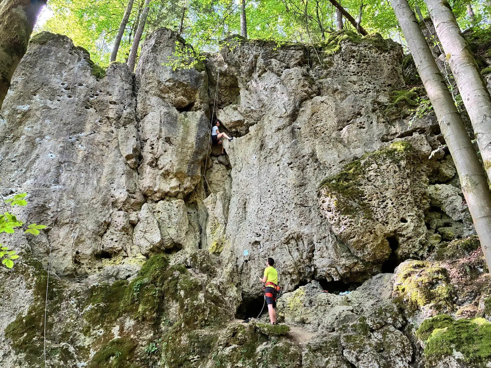 Eine Person klettert in einer steilen Felswand, während eine weitere Person am Boden sichert. Die zerklüfteten Kalkfelsen sind von Wald umgeben. | © DAV Markt Schwaben/Lara Wolff