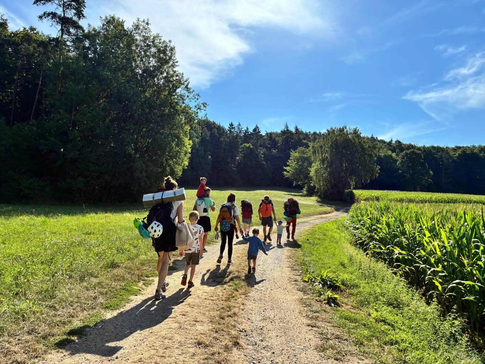 Mehrere Erwachsene und Kinder wandern mit Kletterausrüstung über einen Feldweg. Der Weg führt zwischen Wiesen und Waldrand zum Klettergebiet. | © DAV Markt Schwaben/Lara Wolff