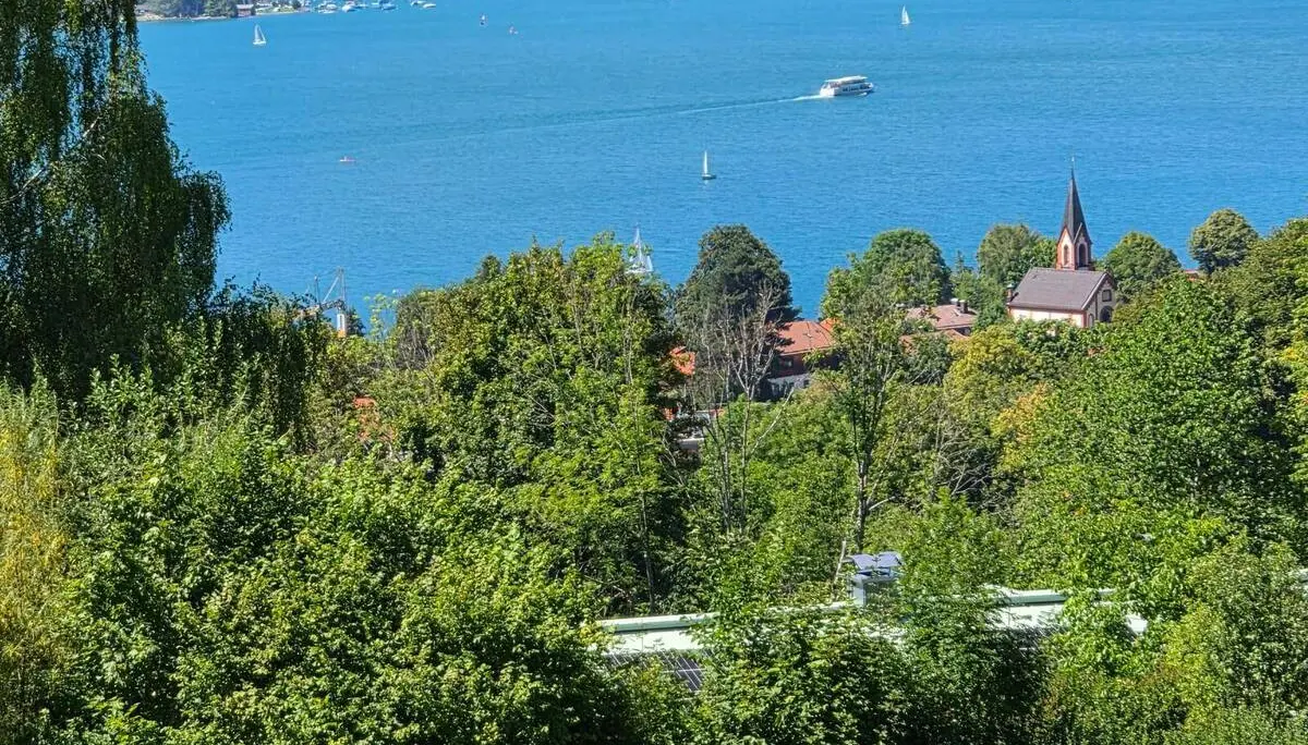 Blick über Baumwipfel auf den Tegernsee mit Segelbooten und Ausflugsschiff; zwischen den Bäumen ragt ein Kirchturm hervor. | © DAV Markt Schwaben/Hubert Inhofer