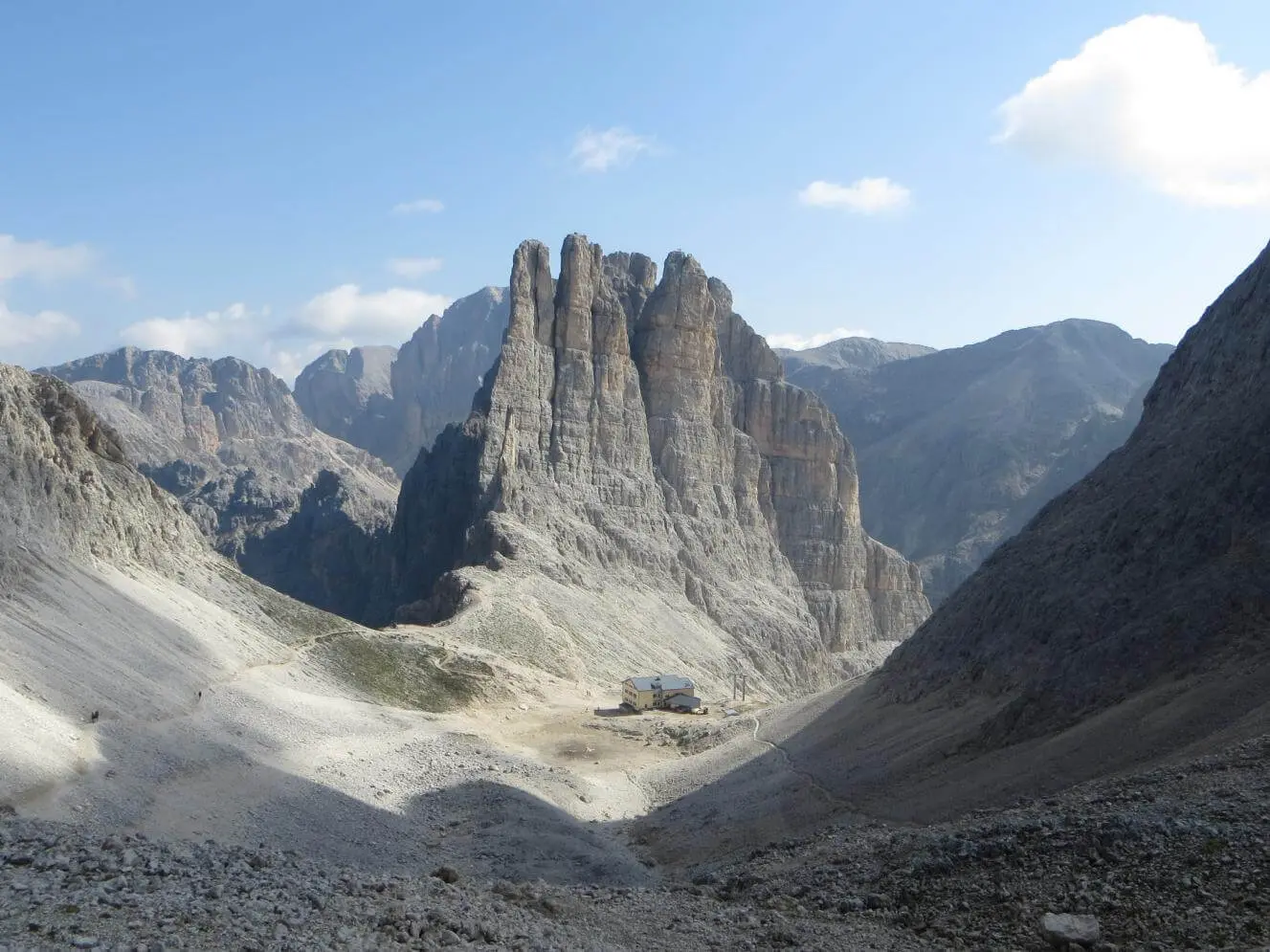 Blick in ein felsiges Dolomitental mit markanten Vajolettürmen; am Talboden liegt eine Berghütte zwischen Geröllhängen. | © DAV Markt Schwaben/Gerlinde Hübl
