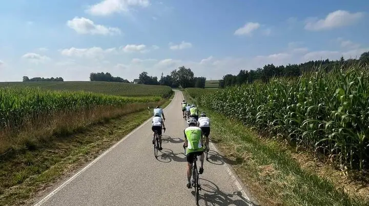 Eine Gruppe von Rennradfahrenden fährt auf einer schmalen Landstraße zwischen Feldern und Maisäckern durch die Hügellandschaft des Erdinger Holzlands. | © DAV Markt Schwaben/Radsportgruppe