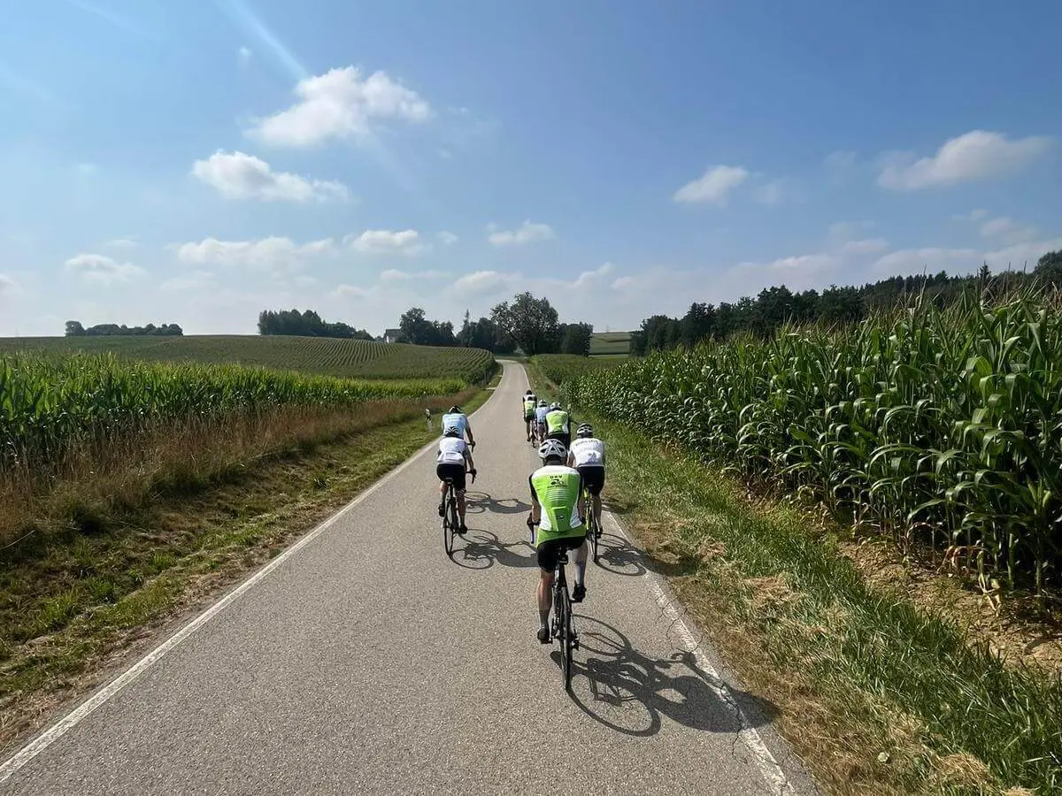 Eine Gruppe von Rennradfahrenden fährt auf einer schmalen Landstraße zwischen Feldern und Maisäckern durch die Hügellandschaft des Erdinger Holzlands. | © DAV Markt Schwaben/Radsportgruppe