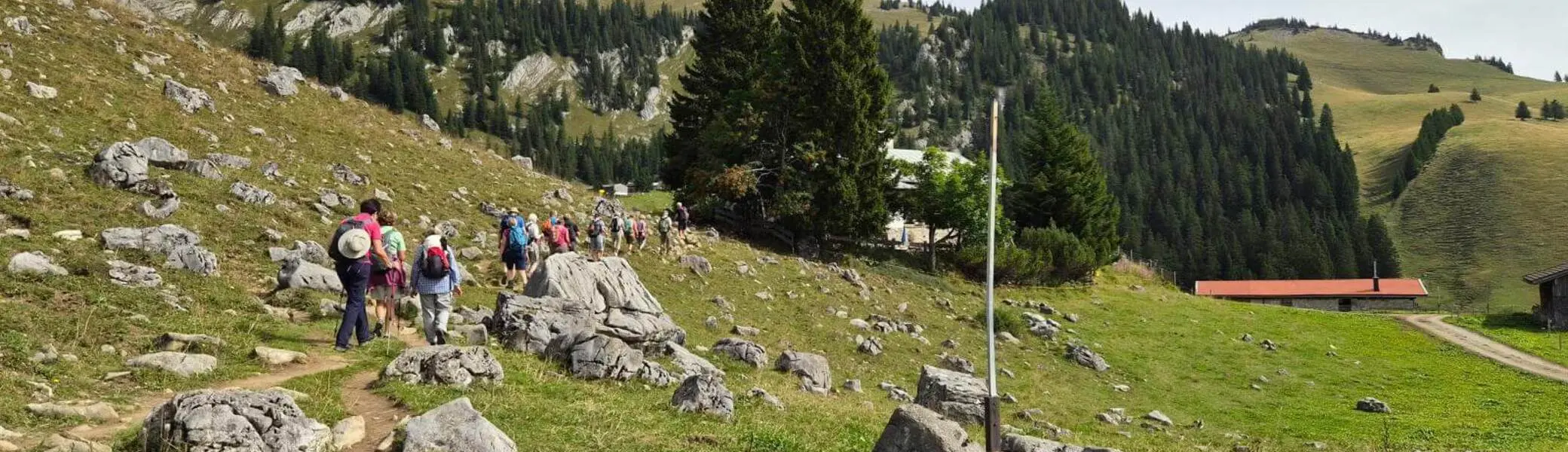 Eine Wandergruppe folgt einem schmalen Bergpfad über eine steinige Almwiese. Im Hintergrund steigen bewaldete Hänge und felsige Bergflanken an. | © DAV Markt Schwaben/Hubert Inhofer