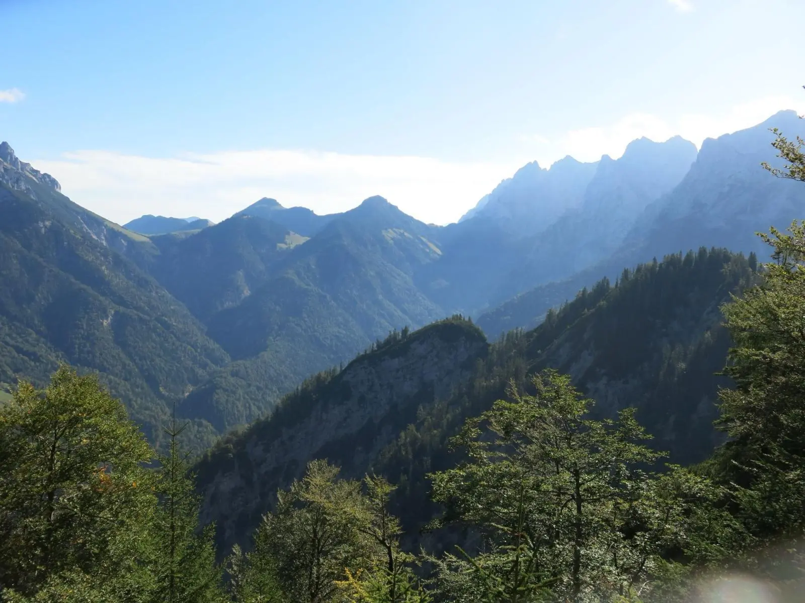 Blick über bewaldete Berghänge und ein tief eingeschnittenes Tal zum Gebirgsmassiv des Wilden Kaisers. Die Morgensonne zeichnet helle Konturen an den Gipfeln. | © DAV Markt Schwaben / Erwin Matzinger