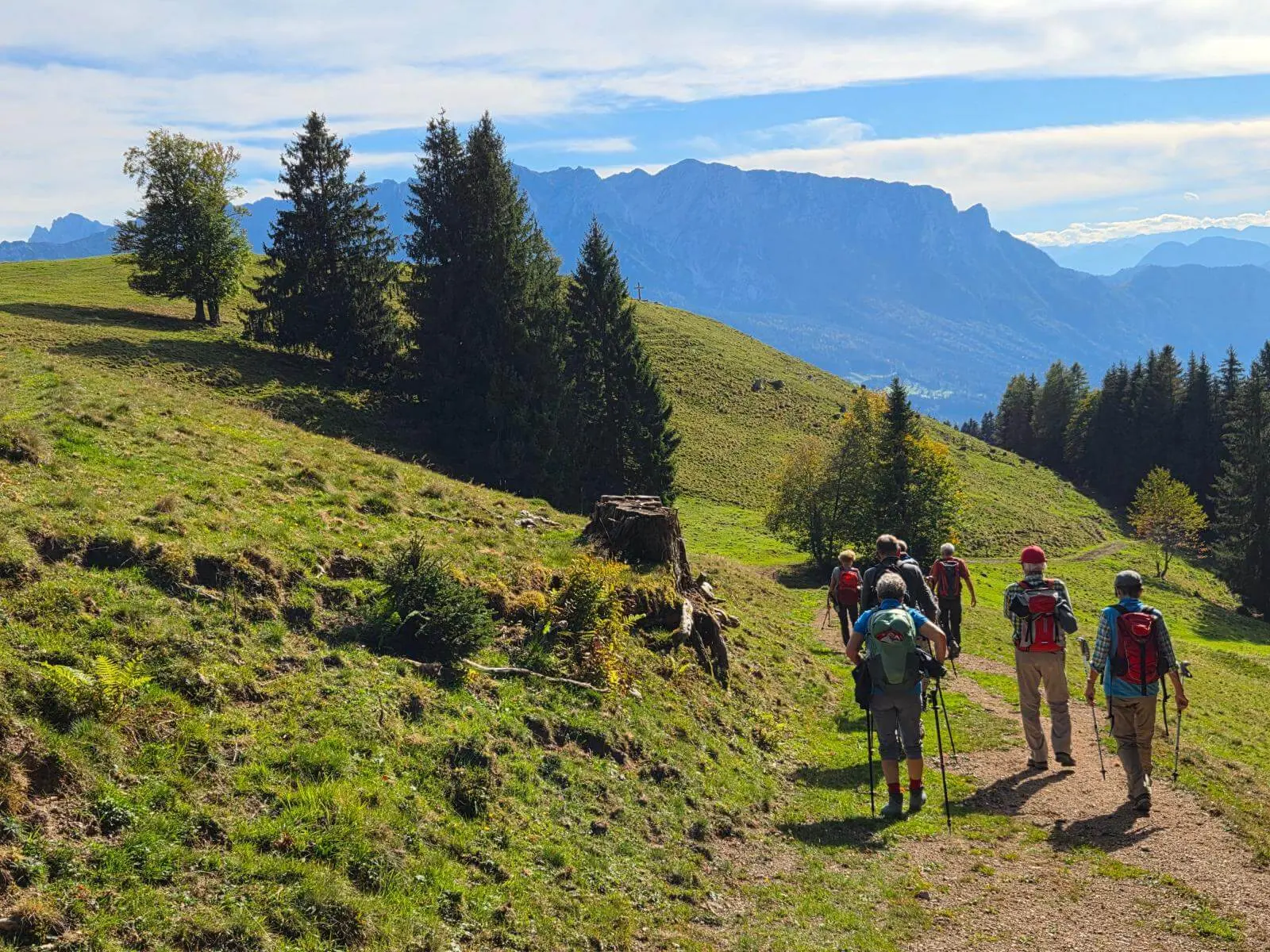 Wandergruppe mit Rucksäcken und Stöcken auf einem Bergweg; im Hintergrund erheben sich bewaldete Hänge und Gipfel. | © DAV Markt Schwaben/Hubert Inhofer