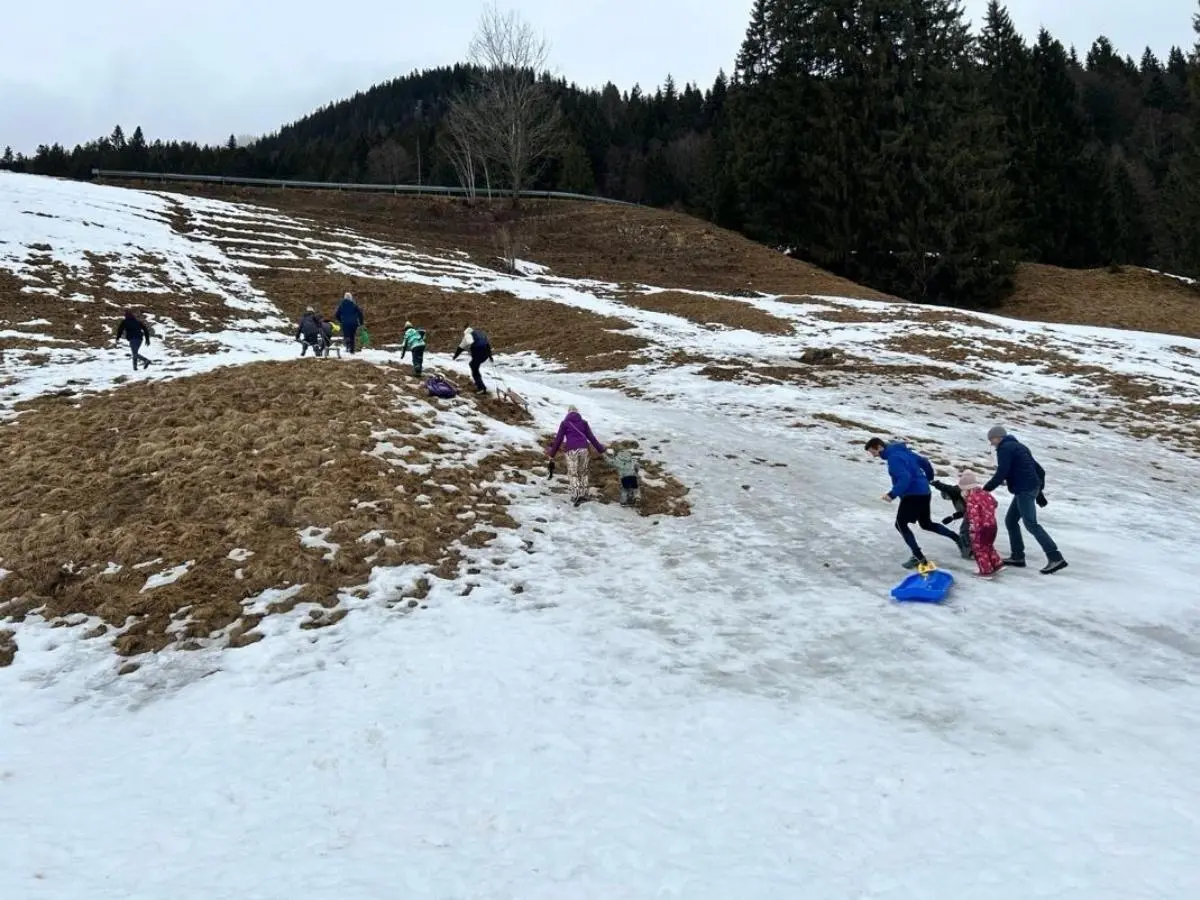 Kinder und Erwachsene bewegen sich einen verschneiten Hang hinauf; einige tragen Schlitten, andere stehen oder gehen zwischen Schnee‑ und Grasflächen. | © DAV Markt Schwaben, Familiengruppe