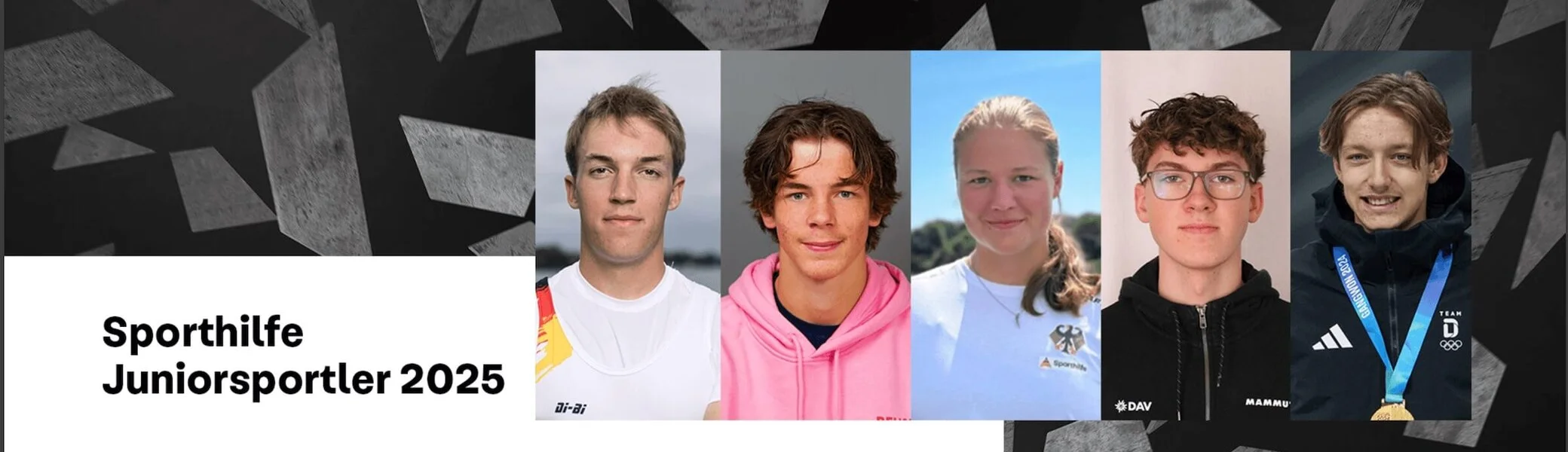 Sporthilfe Juniorsportler 2025: Junge Athleten in Sportkleidung vor abstraktem Hintergrund, einer trägt stolz eine Medaille. | © Sporthilfe | Screenshot