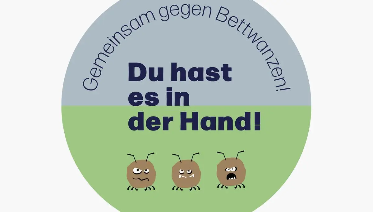 Runder Grafikbanner mit Slogan „Gemeinsam gegen Bettwanzen!“ und vier gezeichneten Bettwanzen am unteren Rand. | © DAV/Alpenvereinshütten