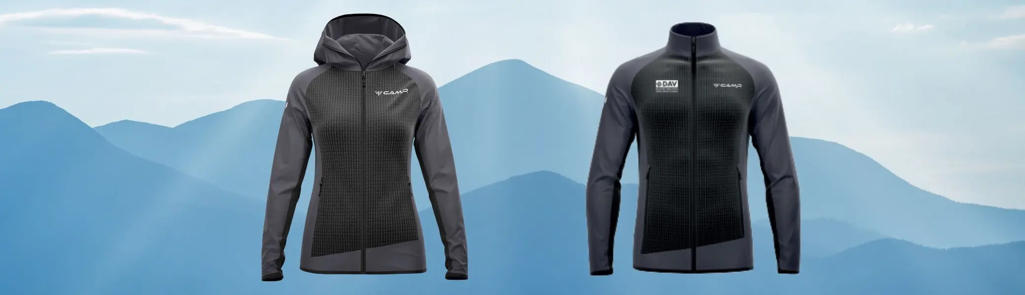 Zwei Modelle der C.A.M.P. Dalben Softshell-Kollektion vor einer stilisierten Berglandschaft. | © Bildmaterial: C.A.M.P. / Hintergrund: Canva Pro
