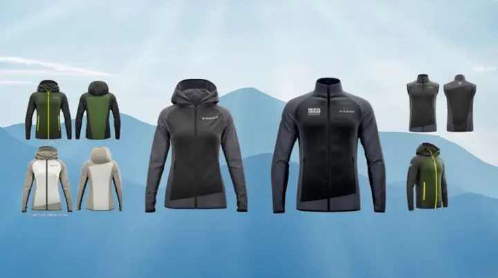 Übersicht der C.A.M.P. Dalben Softshell-Kollektion mit Hoodie-, Jacken- und Westenmodellen vor einem Bergpanorama. | © Bildmaterial: C.A.M.P. / Hintergrund: Canva Pro