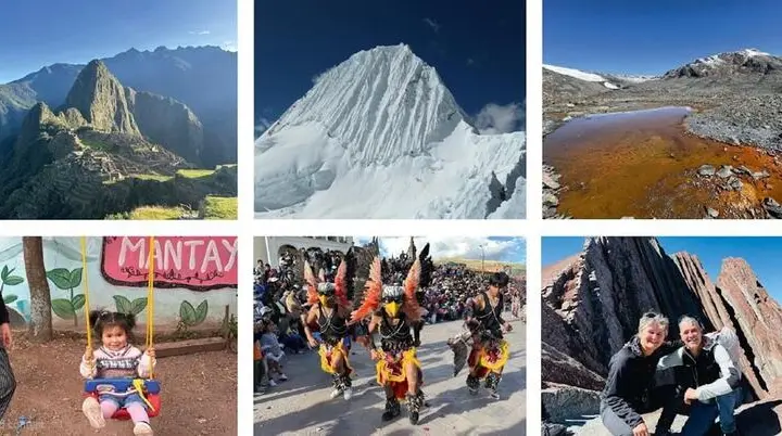 Collage mit Szenen aus Peru: Machu Picchu, Andengipfel, bunte Tänze, Kinderporträt und spektakuläre Landschaften. | © Fotos: Elke und Walter Kressirer