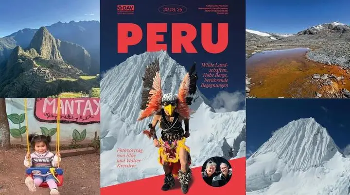Collage mit Motiven aus Peru: Machu Picchu, Andenlandschaften, Kind im Mantay‑Projekt und Plakat zum Peru‑Vortrag. | © Elke und Walter Kressirer