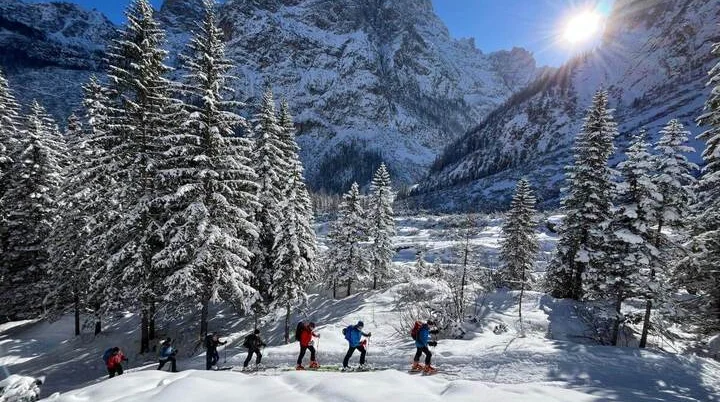   Skitourengruppe steigt bei Sonnenschein durch verschneites Gelände zum Sextner Stoan mit Dolomitenblick im Hintergrund. | © DAV Markt Schwaben · Foto: Peter Langenbacher