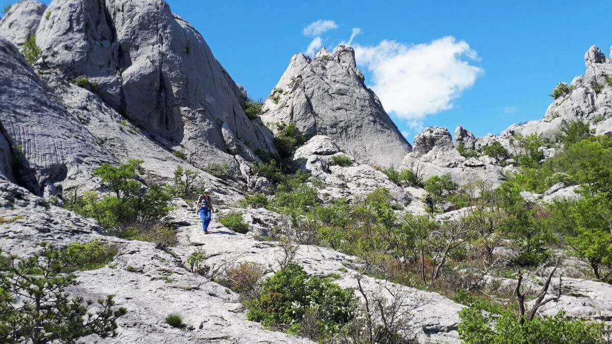 Eine Person in Blau wandert auf einem schmalen Pfad durch felsiges Gelände; klare Sicht und sonniges Wetter. | © DAV Markt Schwaben | Foto Martin und Silvia Mack