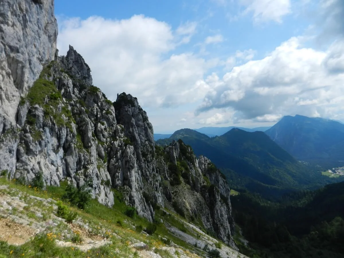 Schroffe Felsen der Hördlwand ragen über das bewaldete Tal. | © DAV Markt Schwaben