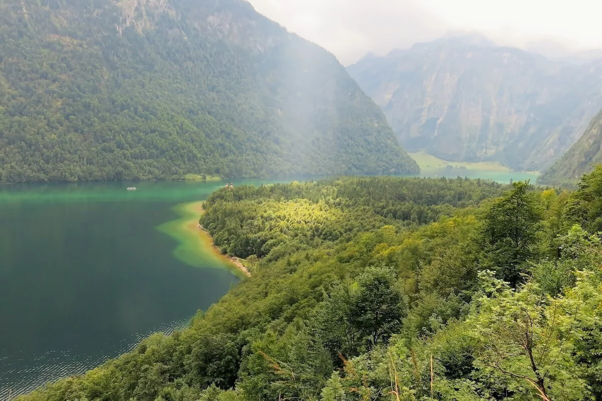 Grüner Wald und smaragdgrüner Königssee, im Vordergrund Halbinsel, hinten Berge im Nebel und Sonnenlicht. | © DAV Markt Schwaben · Foto: Erwin Matzinger