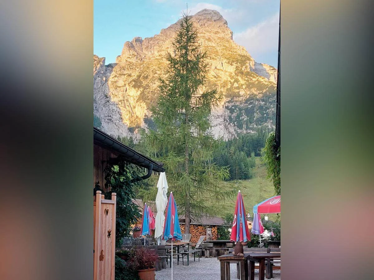 Holzbänke und bunte Schirme vor Bergkulisse mit Sonnenlicht auf Felswand, mittig eine hohe Tanne. | © DAV Markt Schwaben ·Foto: Lutz Gründel