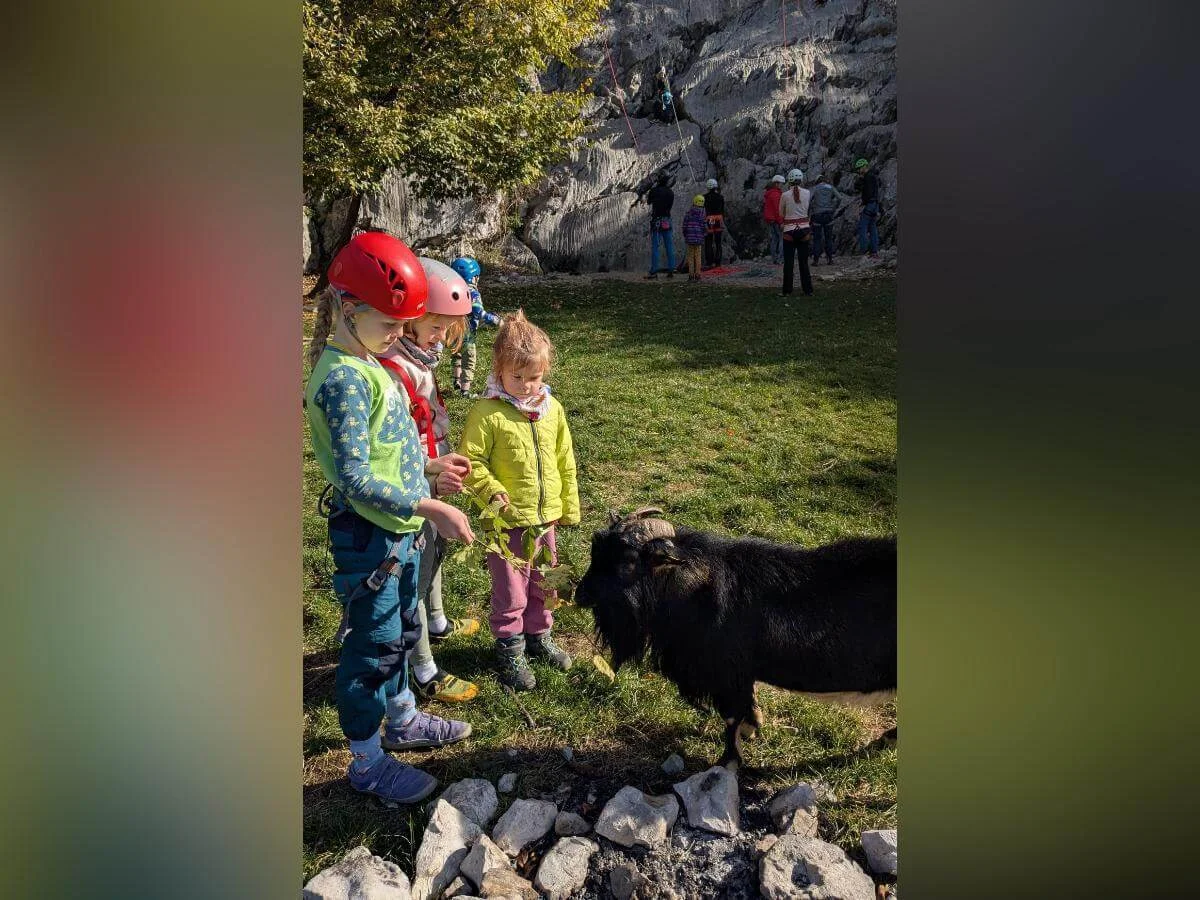 Sechs Kinder in bunter Winterkleidung stehen auf einem gepflasterten Weg am Ufer eines großen Sees. Im Hintergrund sind steile Berge, Bäume und blauer Himmel zu sehen. Die Szene wirkt sonnig und klar. | © DAV Markt Schwaben · Foto: Silke Titze