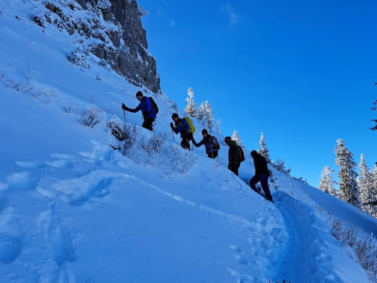 Sechs Personen steigen mit Winterausrüstung und Stöcken einen verschneiten Bergpfad hinauf, blauer Himmel im Hintergrund. | © DAV Markt Schwaben · Foto Tanja Döhler