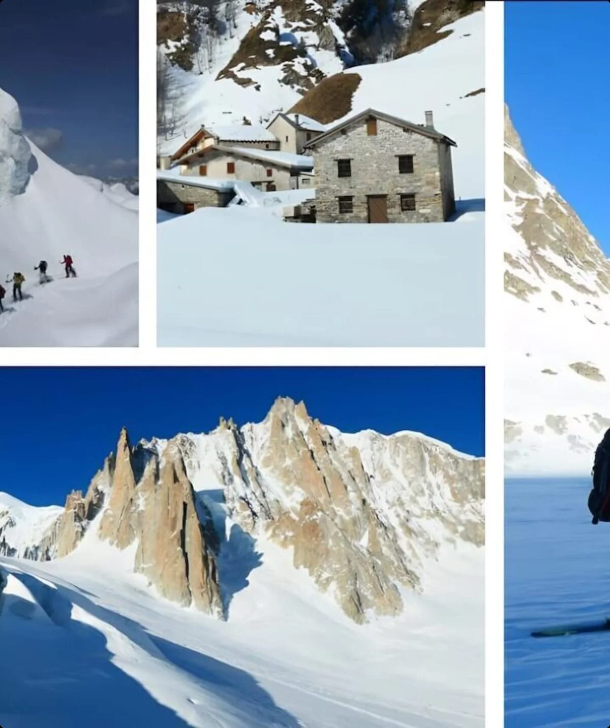 Collage aus vier Fotos einer alpinen Skidurchquerung: Skitourengruppe im Tiefschnee, verschneites Berghaus, Skifahrer mit Blick auf die Alpen, sowie schroffe, sonnige Berglandschaft mit Felsgipfeln. | © Walter Kressirer