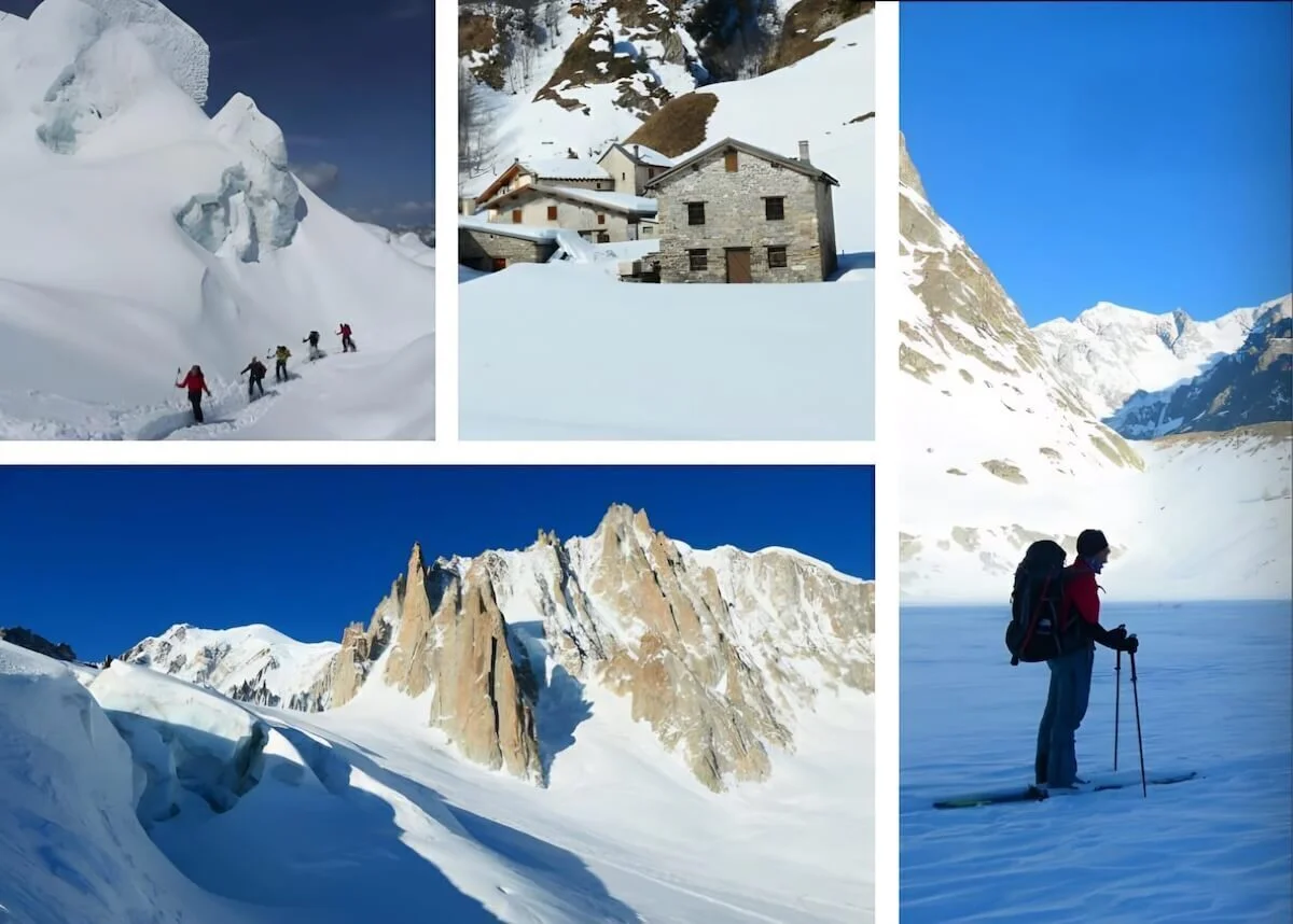 Collage aus vier Fotos einer alpinen Skidurchquerung: Skitourengruppe im Tiefschnee, verschneites Berghaus, Skifahrer mit Blick auf die Alpen, sowie schroffe, sonnige Berglandschaft mit Felsgipfeln. | © Walter Kressirer