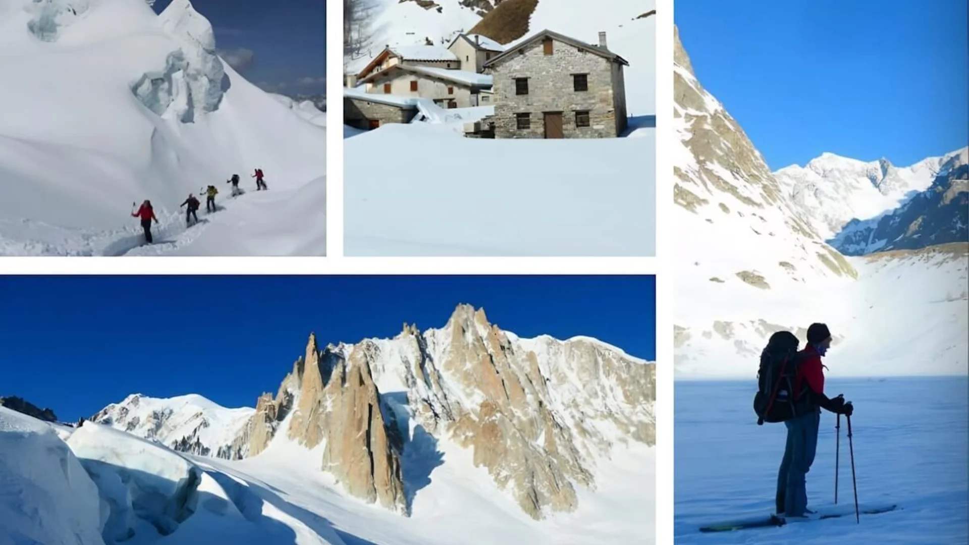 Collage aus vier Fotos einer alpinen Skidurchquerung: Skitourengruppe im Tiefschnee, verschneites Berghaus, Skifahrer mit Blick auf die Alpen, sowie schroffe, sonnige Berglandschaft mit Felsgipfeln. | © Walter Kreisser