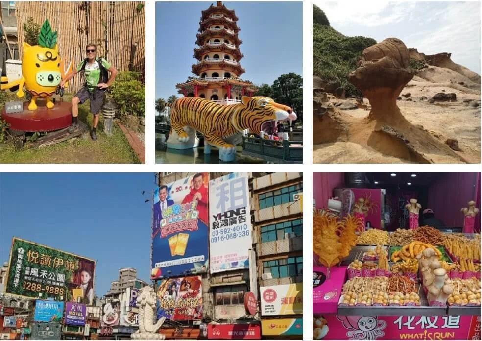 Collage aus fünf Fotos einer Taiwan-Radreise: bunter Tempel mit Tigerstatue, Streetfood-Stände mit Gebäck, urbane Straßenszene mit Reklamen, Felsformation am Meer und ein Willkommensschild mit Comicfigur. | © Fotos: Joachim Bundschuh