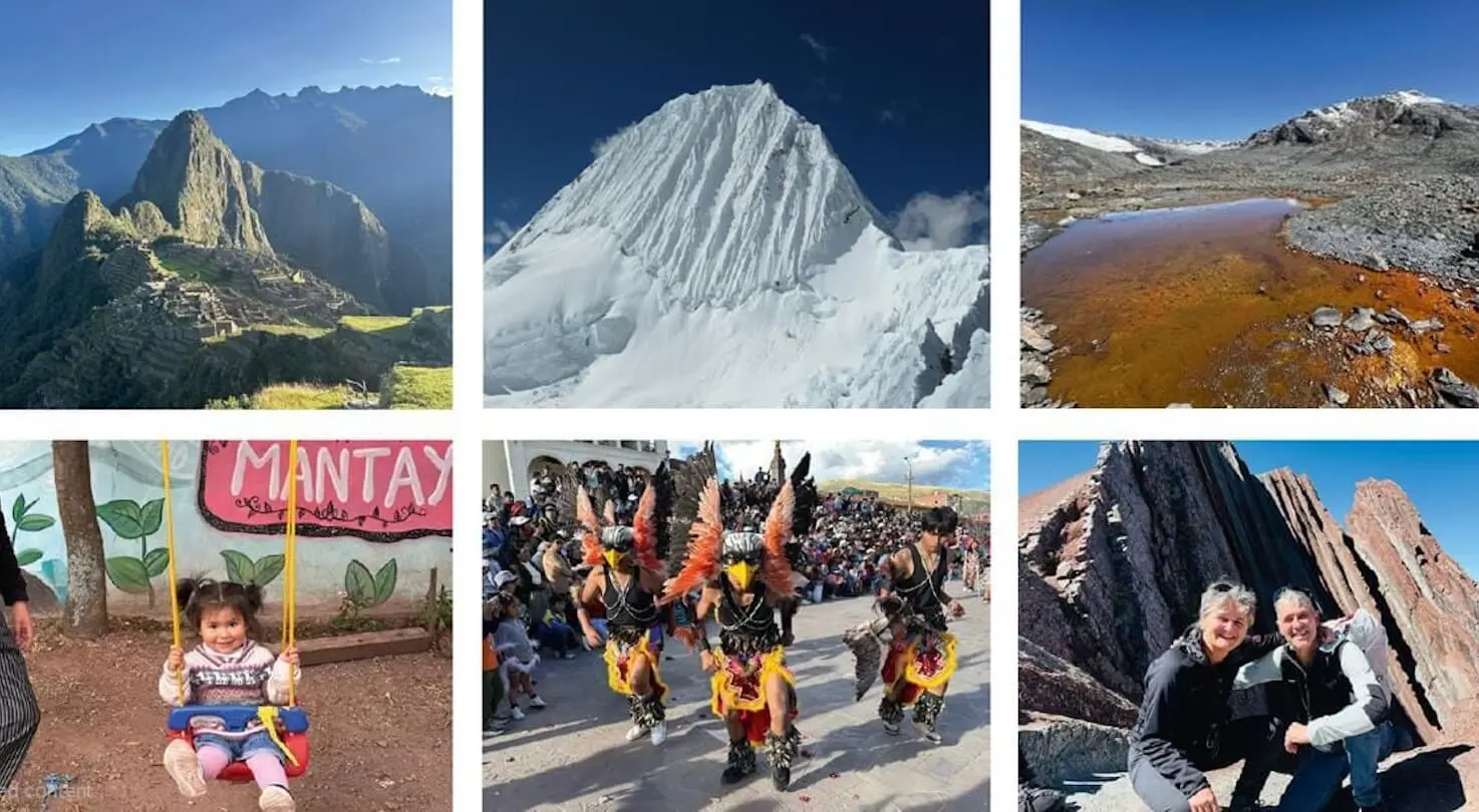 Collage mit Szenen aus Peru: Machu Picchu, Andengipfel, bunte Tänze, Kinderporträt und spektakuläre Landschaften. | © Fotos: Elke und Walter Kressirer