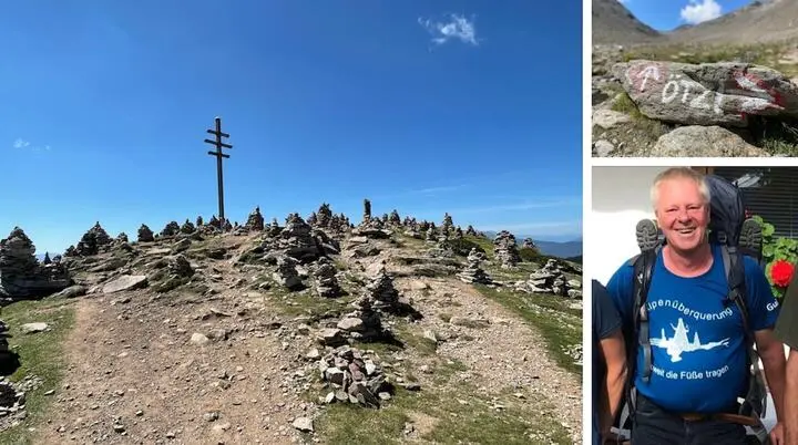 Collage aus drei Fotos: Links eine Berglandschaft mit vielen kleinen Steinmännchen und einem hohen Holzkreuz mit drei Querbalken. Rechts oben ein Felsen mit Wanderweg-Markierungen und dem Schriftzug „Ötzi“. Rechts unten eine Person mit großem Rucksack und dem Aufdruck „Alpenüberquerung soweit die Füße tragen“. | © Markus Zimmermann