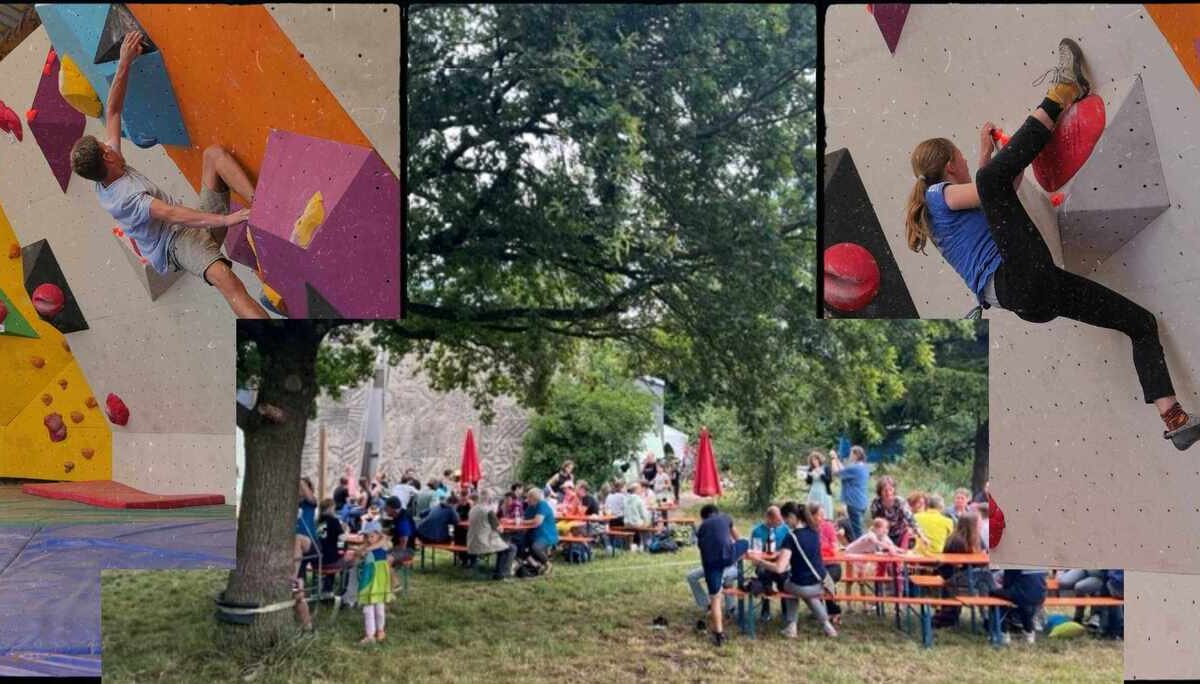 Dynamische Szene beim Sommerfest mit Bouldercup: Kletterer bezwingen bunte Boulderwände, während Gäste entspannt unter Bäumen an Tischen sitzen. Sportliche Herausforderung trifft auf geselliges Beisammensein. | © DAV Markt Schwaben