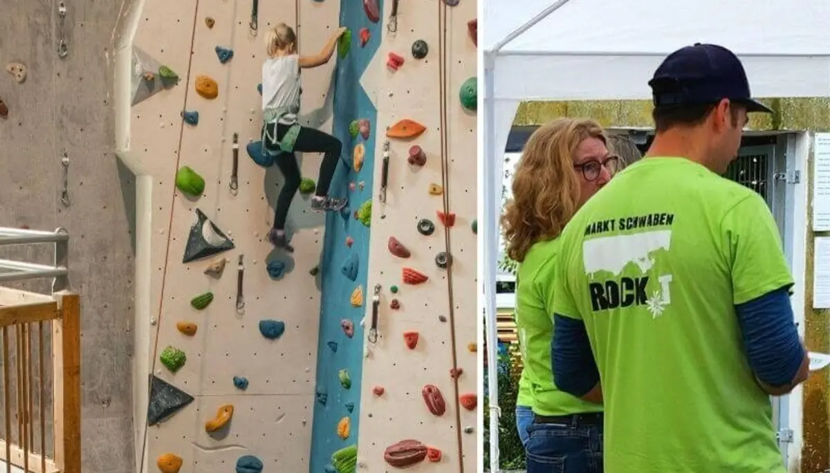 Ein Kletterer erklimmt die Boulderwand, daneben engagieren sich Helfer unter dem Zelt beim Event „Markt Schwaben rockt“. | © DAV Markt Schwaben | Foto David Sigl & Anna Thoms