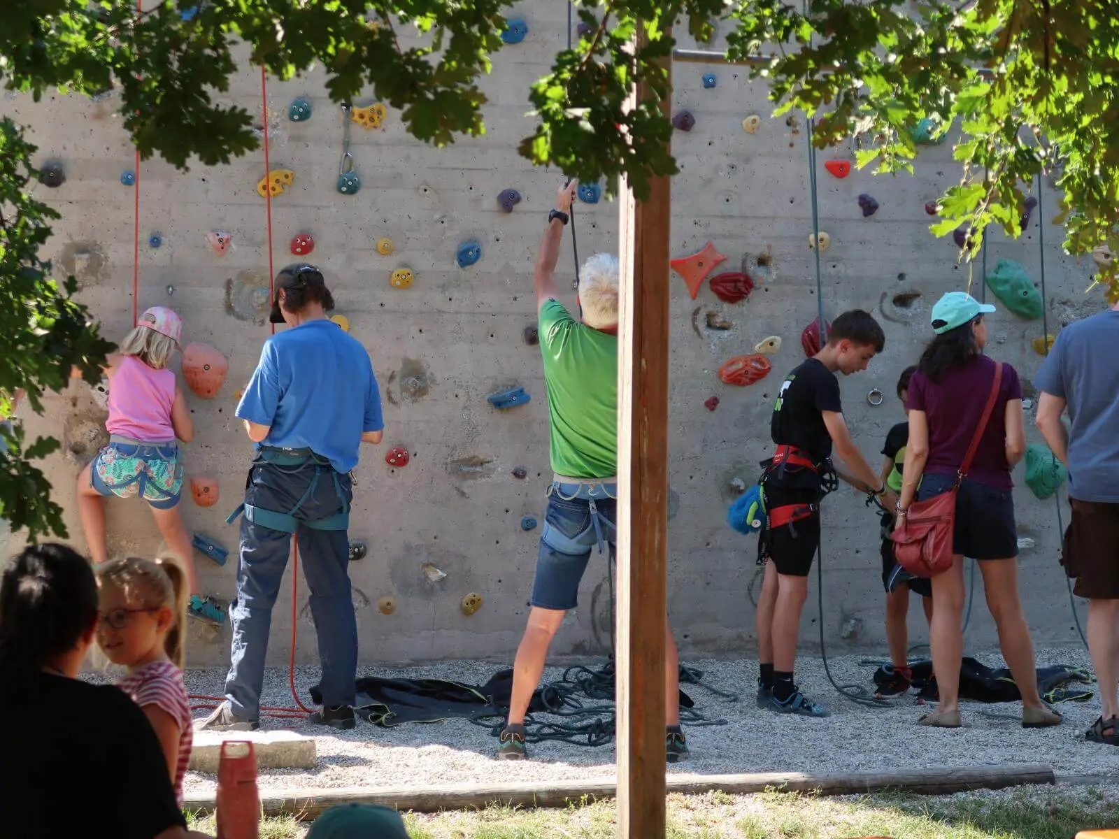 Mehrere Personen klettern und sichern gemeinsam an der DAV‑Kletterwand. | © DAV Markt Schwaben/Susanne Mayerl