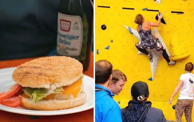 Ein vegetarischer Burger mit Bier steht im Vordergrund, daneben erklimmt eine Kletterin die Boulderwand beim Sommerfest. | © DAV Markt Schwaben | Foto: David Sigl & Anna Thoms