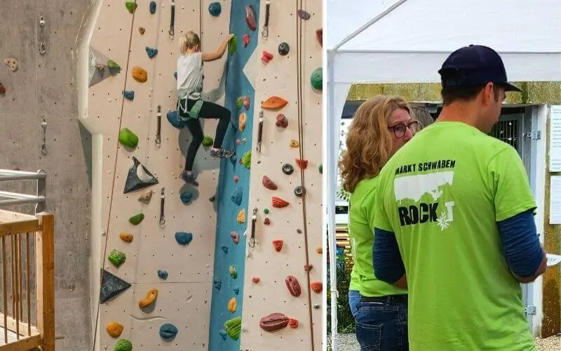 Ein Kletterer erklimmt die Boulderwand, daneben engagieren sich Helfer unter dem Zelt beim Event „Markt Schwaben rockt“. | © DAV Markt Schwaben | Foto David Sigl & Anna Thoms