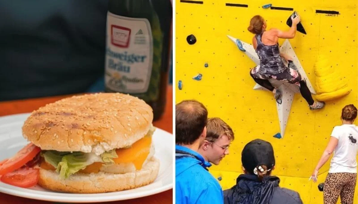 Ein vegetarischer Burger mit Bier steht im Vordergrund, daneben erklimmt eine Kletterin die Boulderwand beim Sommerfest. | © DAV Markt Schwaben | Foto: David Sigl & Anna Thoms