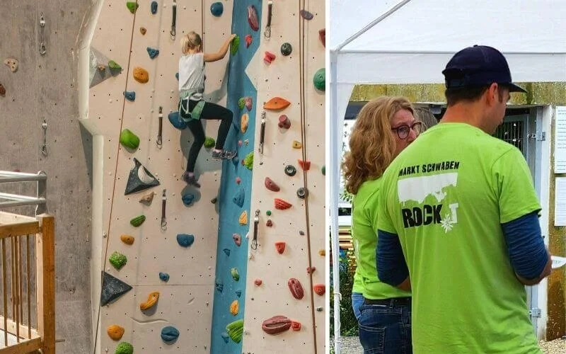 Ein Kletterer erklimmt die Boulderwand, daneben engagieren sich Helfer unter dem Zelt beim Event „Markt Schwaben rockt“. | © DAV Markt Schwaben | Foto David Sigl & Anna Thoms