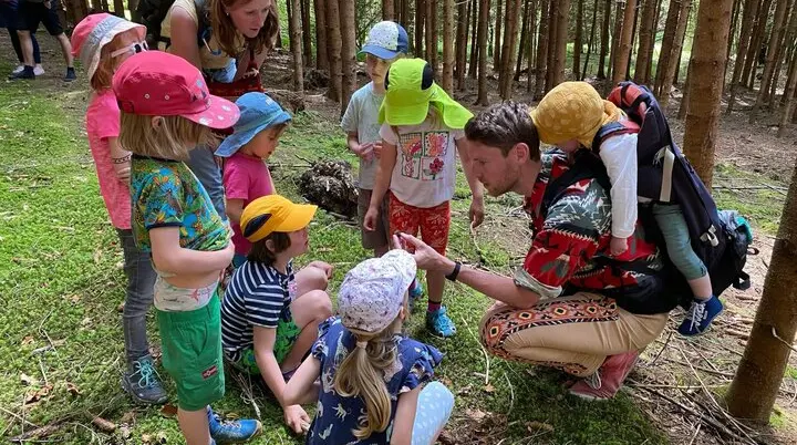 Eine Gruppe von Kindern erkundet neugierig den Waldboden in einem dichten Wald, begleitet von Erwachsenen – gemeinsames Lernen und Naturerlebnis der Familiengruppe der DAV-Sektion Markt Schwaben. | © DAV Markt Schwaben · Familiengruppe