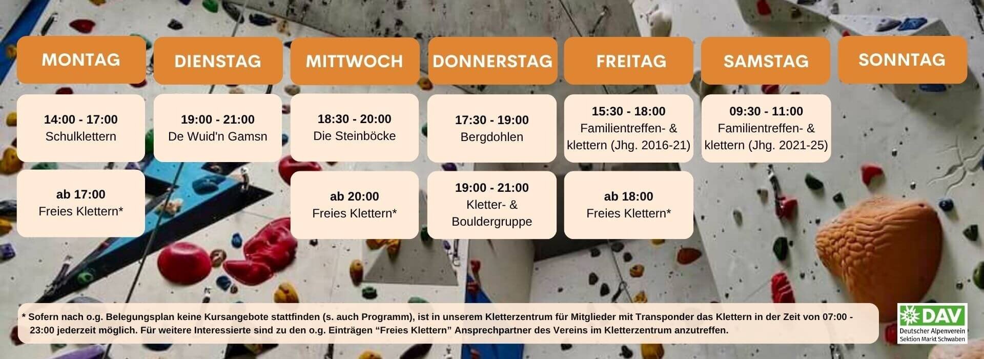 Belegungsplan Kletteranlage DAV Markt Schwaben | © DAV Markt Schwaben Der Belegungsplan zeigt die verschiedenen Klettergruppen und Zeiten für freies Klettern in DAV Kletterzentrum Markt Schwaben. Er bietet eine Übersicht über wöchentliche Aktivitäten für Mitglieder und Interessierte. | © DAV Markt Schwaben