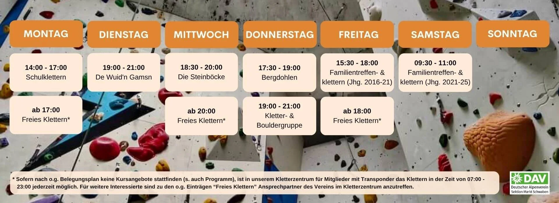 Belegungsplan Kletteranlage DAV Markt Schwaben | © DAV Markt Schwaben Der Belegungsplan zeigt die verschiedenen Klettergruppen und Zeiten für freies Klettern in DAV Kletterzentrum Markt Schwaben. Er bietet eine Übersicht über wöchentliche Aktivitäten für Mitglieder und Interessierte. | © DAV Markt Schwaben