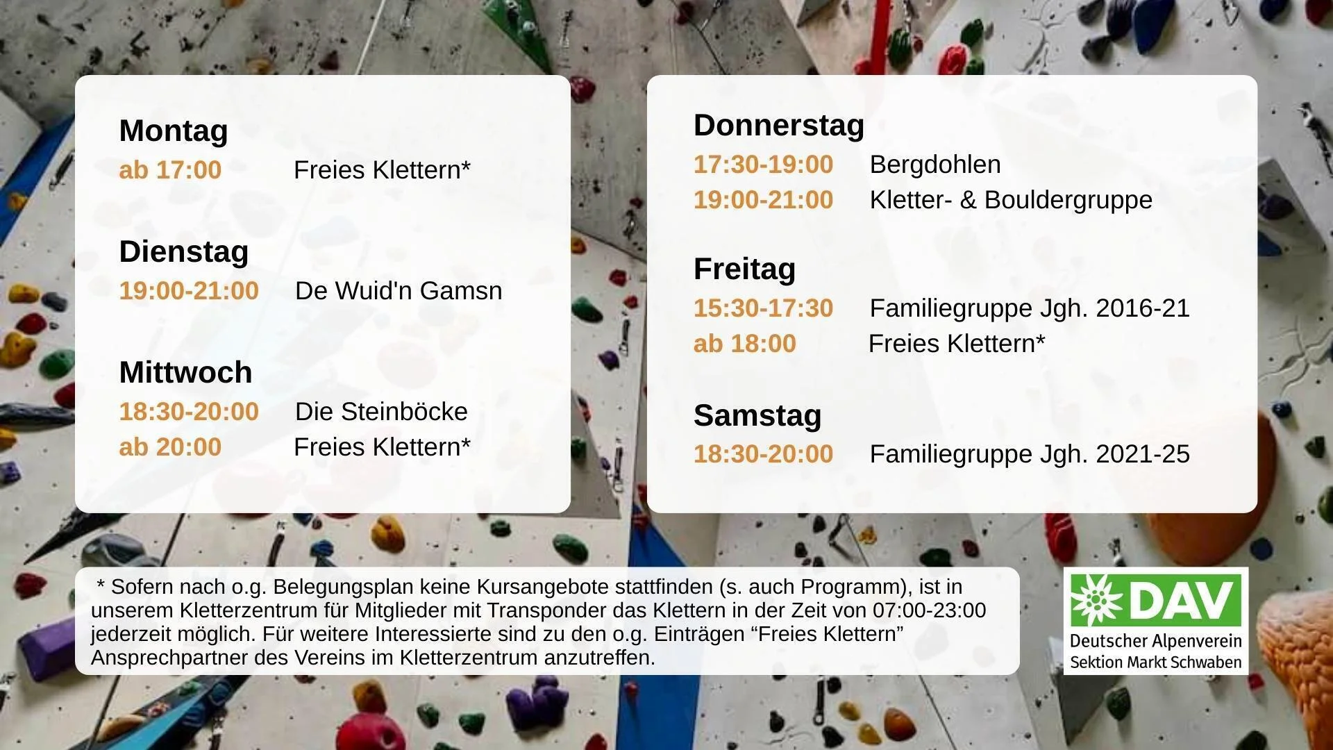 Der Belegungsplan zeigt die verschiedenen Klettergruppen und Zeiten für freies Klettern in DAV Kletterzentrum Markt Schwaben. Er bietet eine Übersicht über wöchentliche Aktivitäten für Mitglieder und Interessierte. | © DAV Markt Schwaben