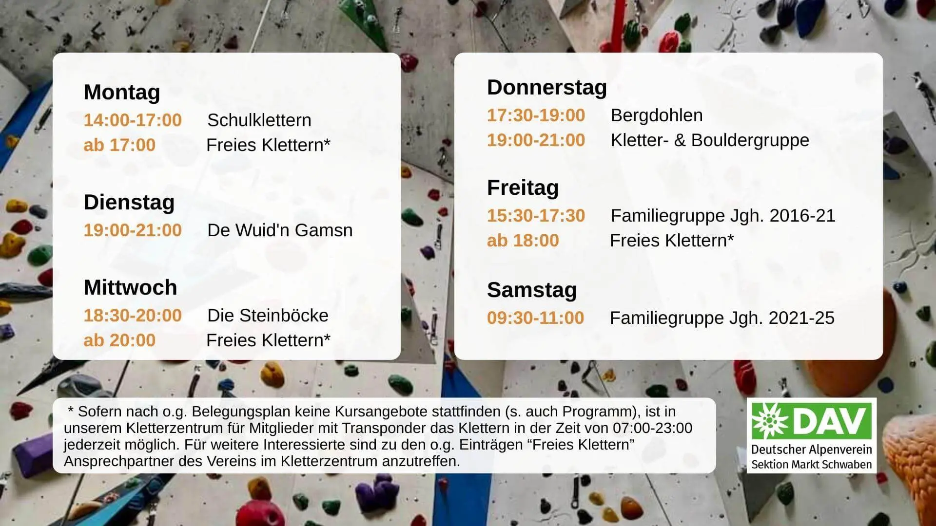 Der Belegungsplan zeigt die verschiedenen Klettergruppen und Zeiten für freies Klettern in DAV Kletterzentrum Markt Schwaben. Er bietet eine Übersicht über wöchentliche Aktivitäten für Mitglieder und Interessierte. | © DAV Markt Schwaben
