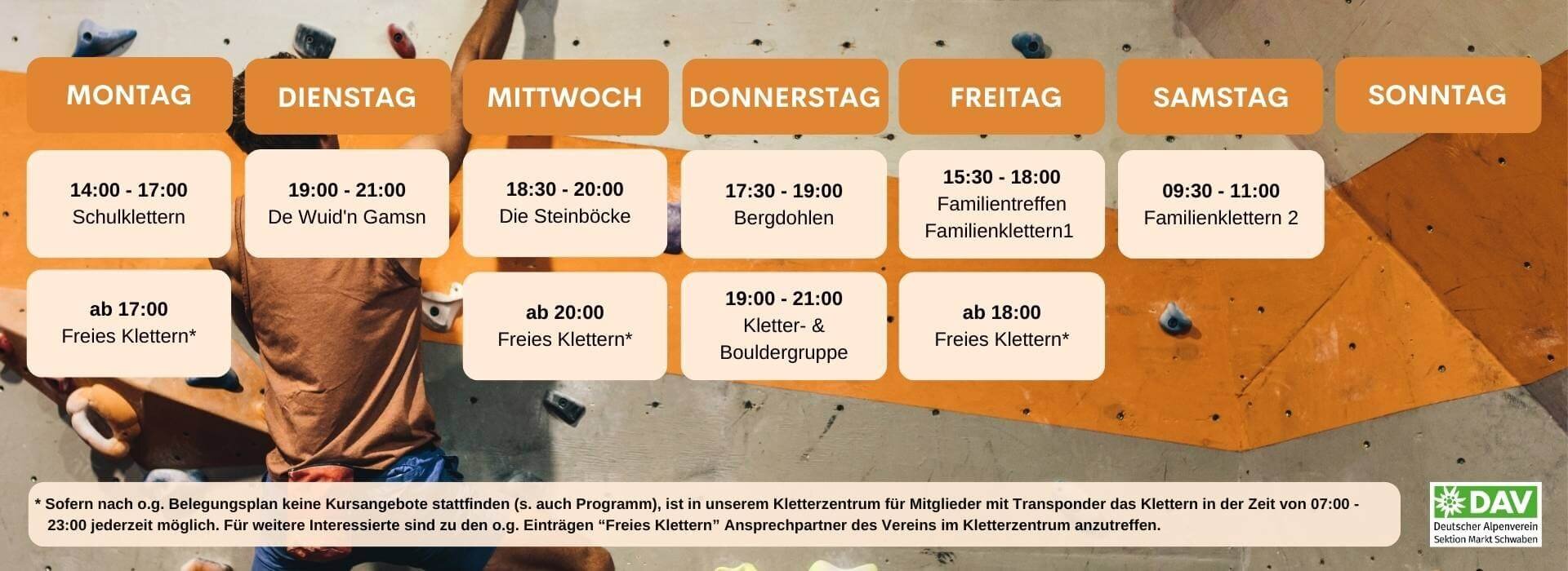 Belegungsplan Kletteranlage DAV Markt Schwaben | © DAV Markt Schwaben | Mit Canva Pro-Inhalten erstellt. Belegungsplan Kletteranlage DAV Markt Schwaben | © DAV Markt Schwaben | Mit Canva Pro-Inhalten erstellt.